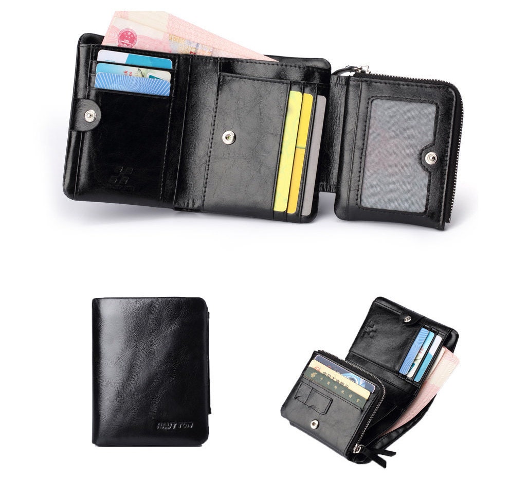 Leather Black Tri Fold Wallet Double Stud Fasten 9 Credit - Etsy UK