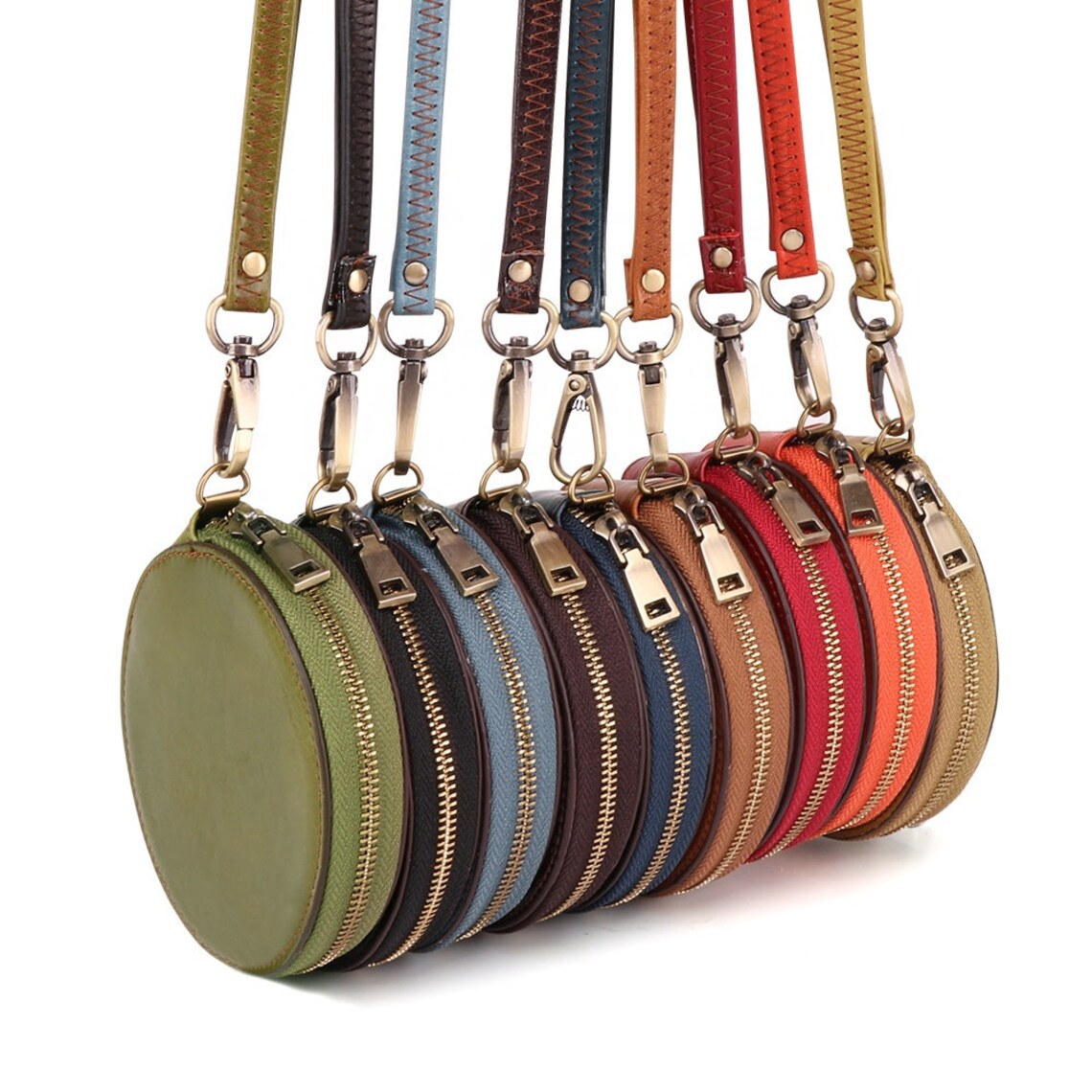 Leather Round Coin Purse With Wrist Strap Etsy