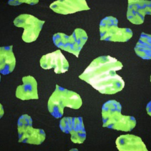 Clearance Sale.  Spandex Fabric Tie Dye Lime and Turquoise Hearts on Black sold by the Yard.  For gymnastic wear, swimwear, and sportswear