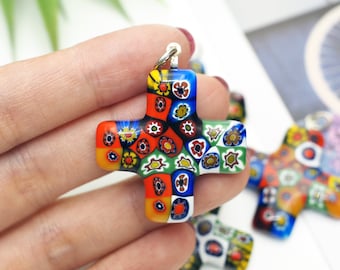 Ciondolo a croce greca multicolore per progetto artigianale in vetro di Murano Millefiori, pendente in mosaico di vetro veneziano (grado B)