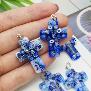 Blue Micro Floral Cross Millefiori Pendant  for craft project by Murano Glass Venetian Glass Mosaic Pendant (B Grade)