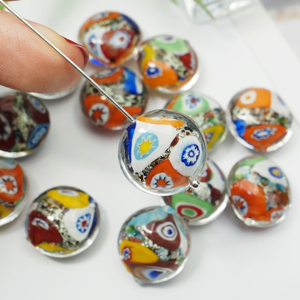 White Gold Foil 15mm Disc Bead Murano Glass Disc Bead in Multicolor and Klimt Style Bead for Beaded Craft Jewelry.