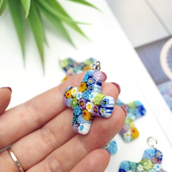 Pastel Micro Floral Greek Cross Pendant by Millefiori Murano Glass