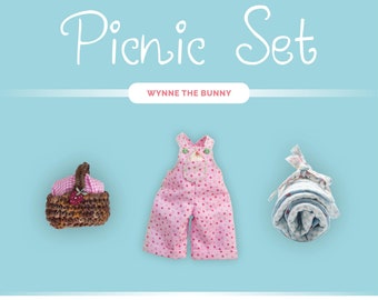 Sewing Set Dolls Clothes Amigurumi - Wynne the Bunny Picnic Set - Miniature Wicker Basket Picnic Rug Tiny Play