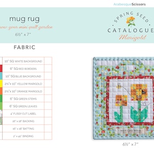 May include: A quilted mug rug with a floral design, measuring 16.5 x 17.8 cm. The rug features a central square with yellow and orange marigolds and a small bee, surrounded by red and blue borders. The background is a light blue floral pattern.