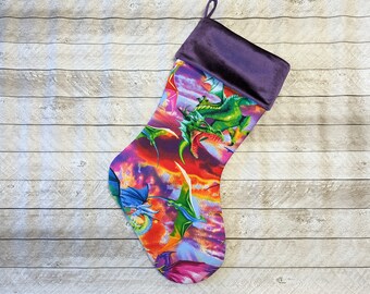 Pink dragon Christmas stocking with purple velvet cuff