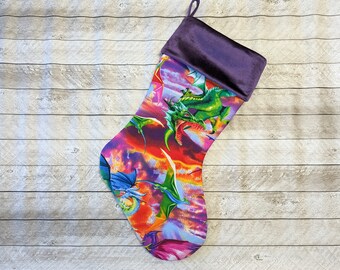 Ready to Ship, Pink dragon Christmas stocking with purple velvet cuff