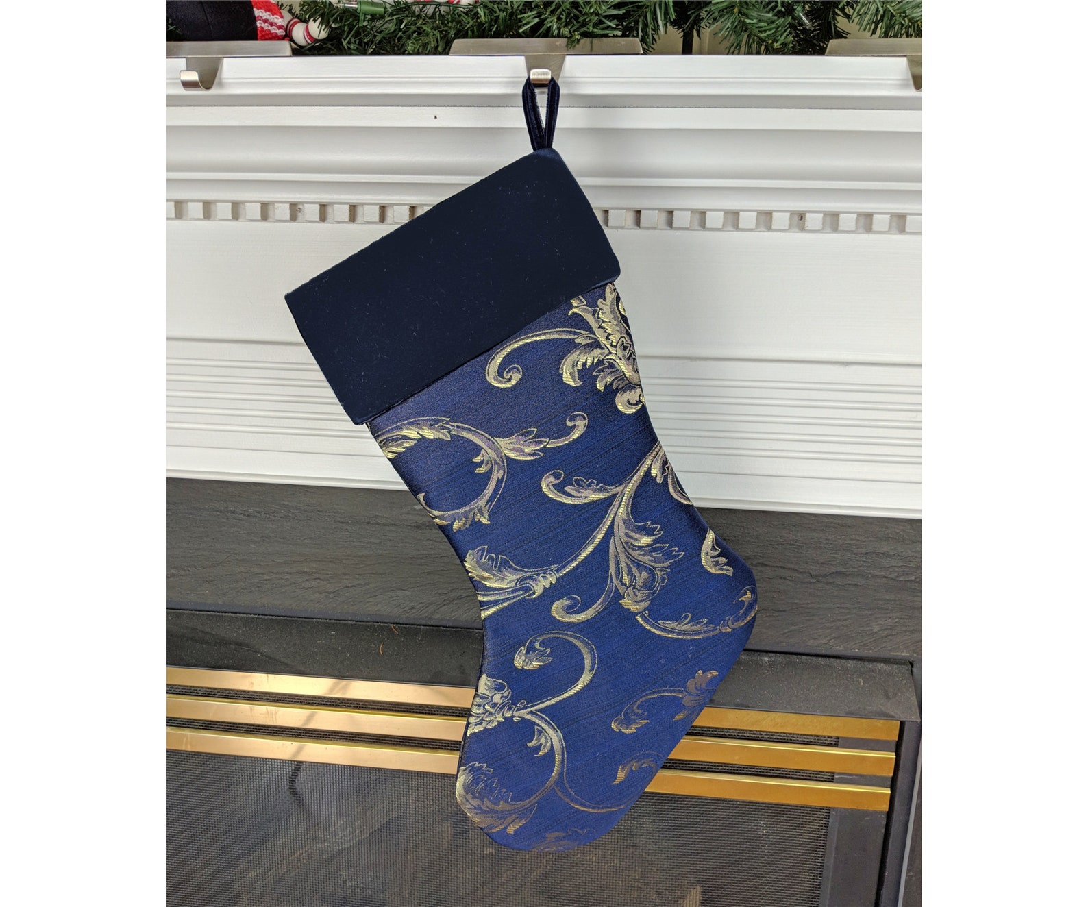Navy blue Christmas stocking with gold swirls and velvet cuff Etsy