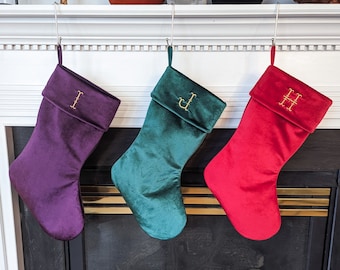 Custom velvet Christmas stocking with initial monogram, Eight font choices