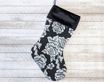 Ready to Ship, Black and silver Christmas stocking with metallic roses and velvet cuff