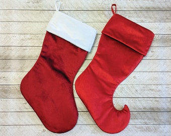 Bright Red Or Cherry Red Velvet Christmas Stocking, traditional or high heel or elf toe