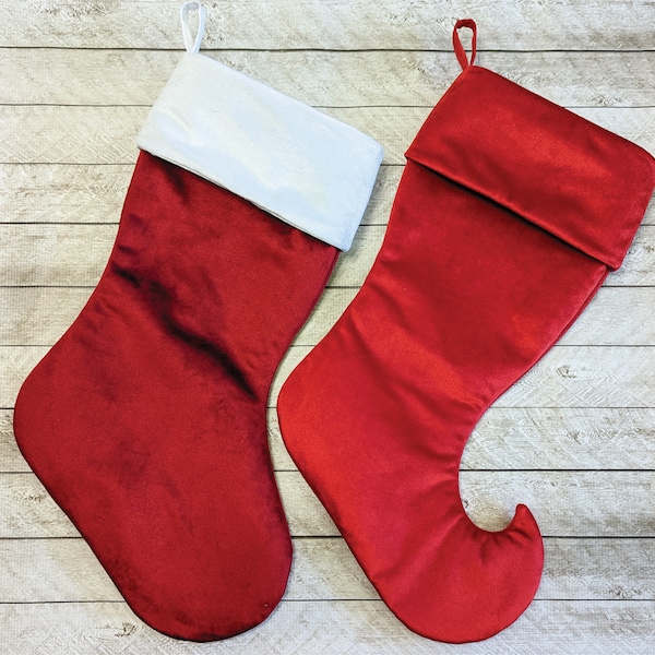 Bright Red Or Cherry Red Velvet Christmas Stocking, traditional or high heel or elf toe