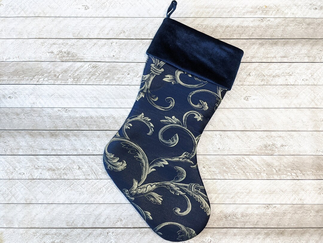 Navy Blue Christmas Stocking With Gold Swirls and Velvet Cuff Etsy