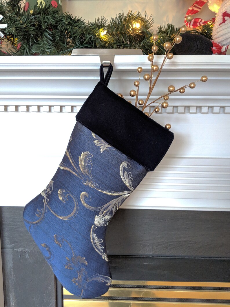 Navy blue Christmas stocking with gold swirls and velvet cuff Etsy