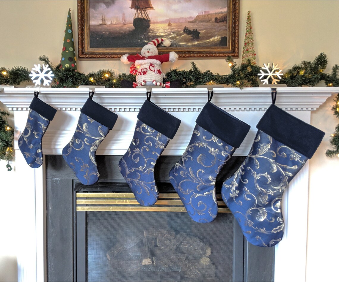 Navy Blue Christmas Stocking With Gold Swirls and Velvet Cuff Etsy UK