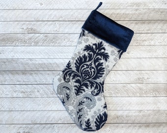 Navy blue and silver damask Christmas stocking with velvet cuff