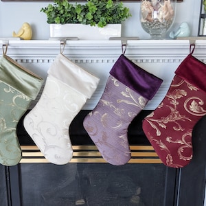 Single Custom Christmas stocking with gold swirls and velvet cuff, Navy blue and other colors