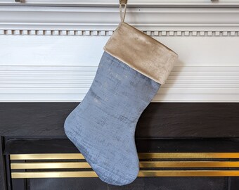 Ready to Ship, Dusty Blue and Champagne Embossed Velvet Christmas Stocking