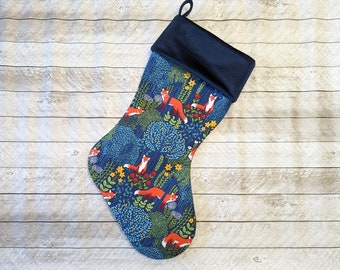 Fox and forest Christmas stocking with blue velvet cuff