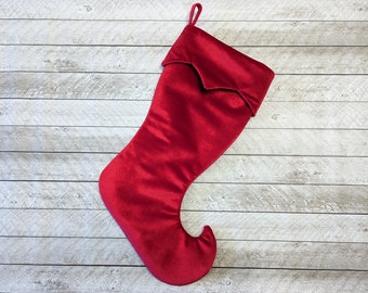 Ready to Ship, Red Velvet Christmas Stocking with curly elf toe and pointy cuff