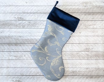 Blue Jacquard Christmas Stocking with Velvet Cuff
