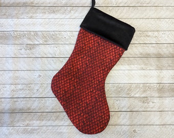 Red dragon small scales fantasy Christmas stocking with black velvet cuff