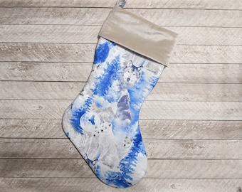 Ice blue wolves Christmas stocking with cream velvet cuff