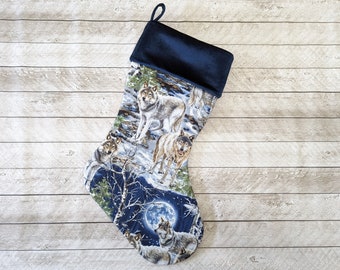 Ready to Ship, Howl at the moon Wolf Christmas stocking with blue velvet cuff