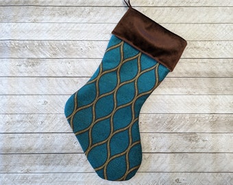 Peacock Christmas stocking in teal and brown