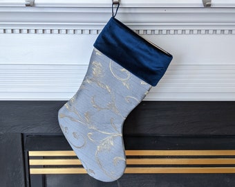 Light Blue Jacquard Christmas Stocking: Gold Swirls & Velvet Cuff