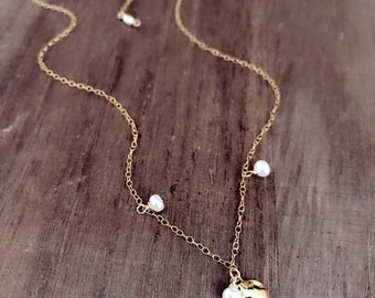 18k Gold filled  Round half dome charm  Dainty Necklace with 3mm white fresh water pearls/minimalist choke chain