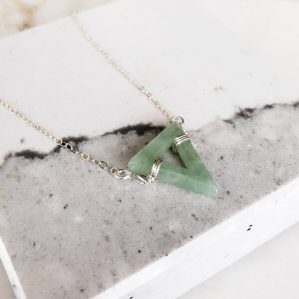 Triangle Jade bead Pendant Necklace, Triangle green jade charm , Silver flow, green jade choker necklace, edge necklace