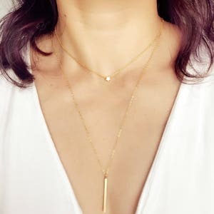 Silver, 14k Gold Fill Vertical Long Bar Necklace, Long Chain Modern Vertical Bar Gold layering Necklace - Simple Necklace - Bar Necklace