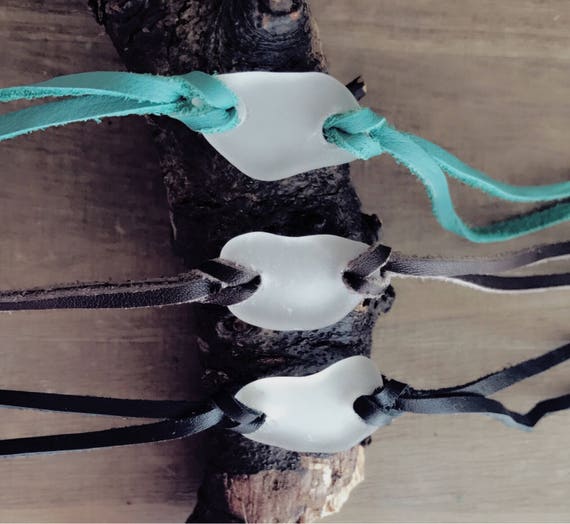 Beach Bum Surfer White Sea Glass And Leather Wrap Bracelet Beach Glass Unisex Boho Bracelet Boho Leather Sea Glass Choker Necklace