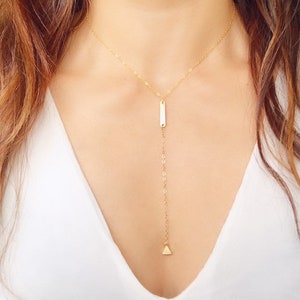 Triangle Lariat Necklace, Bar Necklace, Vertical Bar Necklace, Triangle Necklace, Delicate Gold Triangle Necklace, Holiday Gift for Her