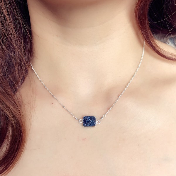 Sterling silver chain with Natural galaxy Blue  rectangle Druzy Necklace,minimalist choke chain, Blue Druzy necklace, blue druzy choker