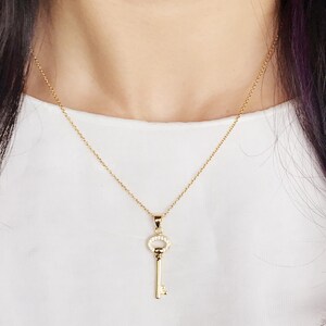 Delicate Cubic  Zirconia key Pendant  Necklace • Gold Fill or sterling silver chain Key to Your Heart necklace, valentine&#39;s day gift
