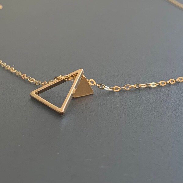 Gold filled chain with dainty solid Triangle and hollow triangle outline Necklace, Gold Geometric Triangle Necklace, Minimalist Jewelry