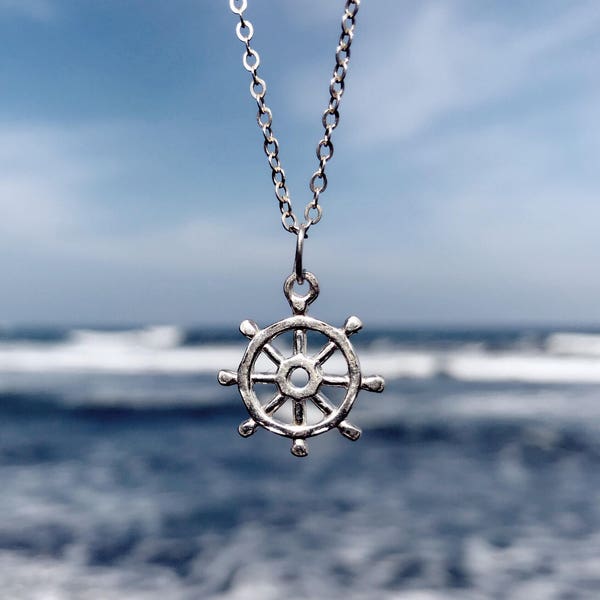 Sterling Silver Ship Wheel Charm Necklace,  genuine sea glass and Captain's Wheel Nautical Pendant necklace,  Nautical Jewelry