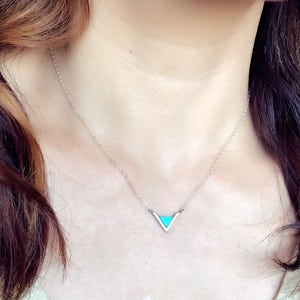 Sterling silver chain  with Rhodium Plated Turquoise Inverted Triangle Pendant, Turquoise Inverted Triangle, Simple and elegant necklace