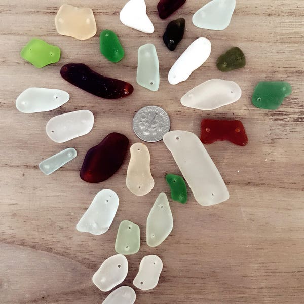 Drilled two holes Seaglass link, Beach Glass Jewelry Supply, Genuine Sea Glass beads Jewelry Making Beach Sea Glass Drilled Bulk