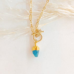 May include: Gold-colored necklace with a blue gemstone pendant. The pendant is a raw, irregular shape with gold-colored accents. The necklace has a toggle clasp and a delicate chain. The background is white with a hint of dried plants.