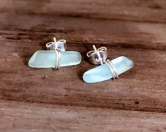 Bridesmaid wedding gift. Stud earrings Seaglass jewellery Handmade Multi colour seaglass heart earrings