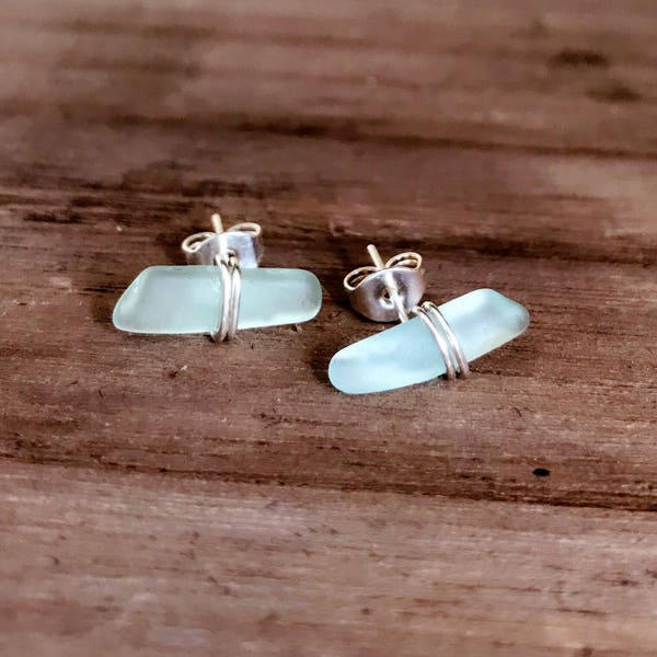 Sterling Silver Sea glass Stud Earrings / Sea foam, white, green, brown, clear rough Seaglass nugget wire wrapped sea glass stud earring