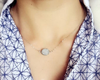 Sterling silver chain with Natural  silver white or blue Druzy bezel rectangle Connector  Necklace/minimalist choke chain