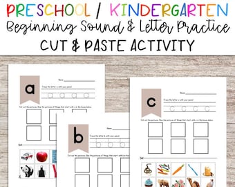 Beginning Letter Sound Cut and Paste Practice | Fine Motor Practice | Preschool/PreK & Kindergarten Printable | Montessori Inspired