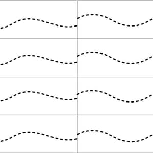 May include: A black and white image showing four rows of wavy lines. Each row is divided into two sections by a vertical line. The lines are dashed and appear to be moving in a wave-like pattern.