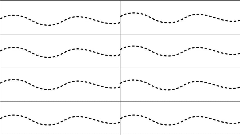 May include: A black and white image showing four rows of wavy lines. Each row is divided into two sections by a vertical line. The lines are dashed and appear to be moving in a wave-like pattern.