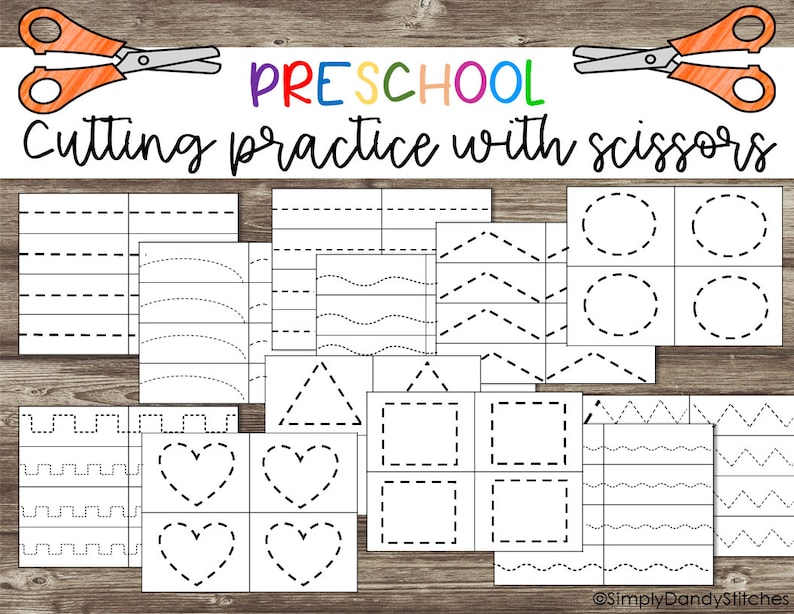 May include: Black and white printable preschool cutting practice sheets with scissors.  The sheets feature various shapes, lines, and patterns for children to cut out.