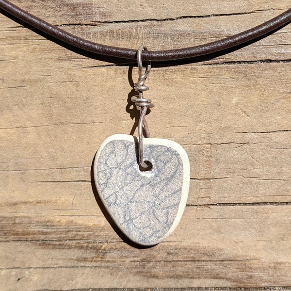 Sea Pottery Shard Heart Necklace • Pendant • Texture Earthy Design • Sterling Wire Wrapped Leather • Maine Beach Sea Glass Jewelry